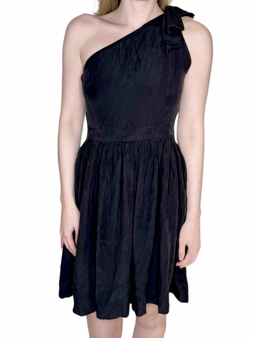 NEW - 212 Collection - One-shoulder Black Silk Mini Dress with a Bow - size 4